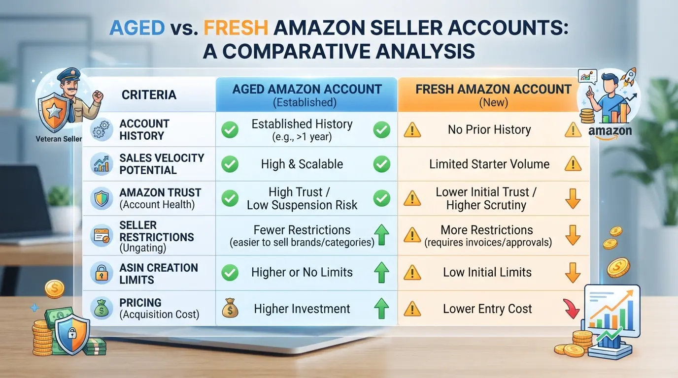 Table comparing aged and fresh Amazon seller accounts on price, risk, and value