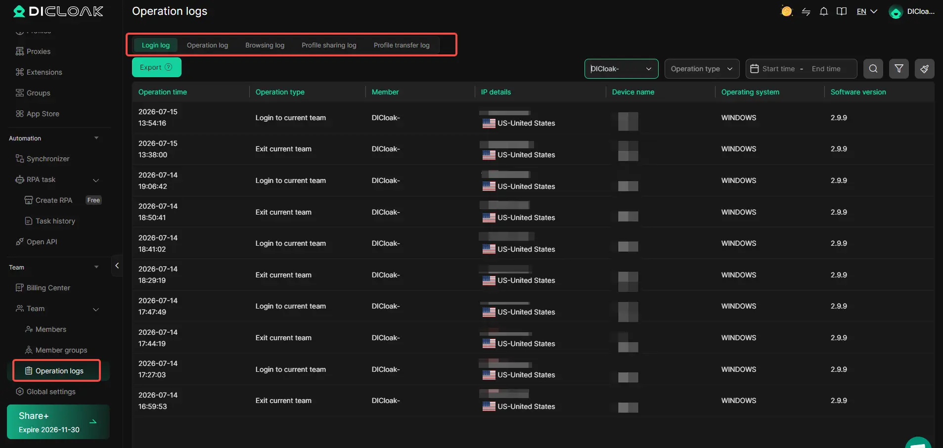 DICloak team operation logs