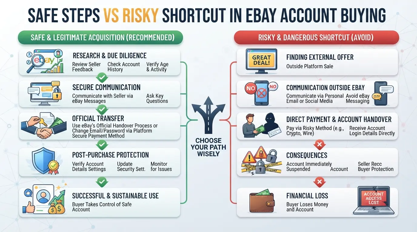 Workflow diagram, “Safe steps vs risky shortcut in eBay account buying”