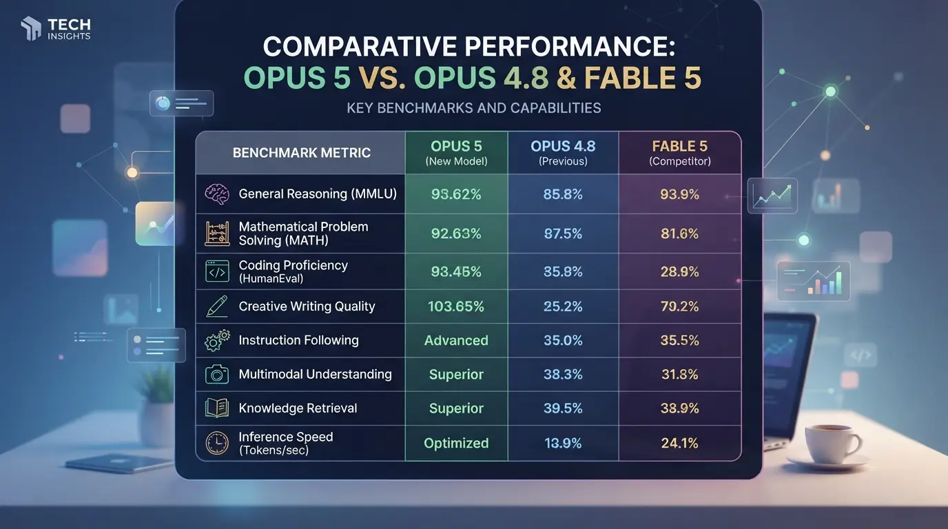 Table comparing Opus 5 to Opus 4.8 and Fable 5 on key benchmarks