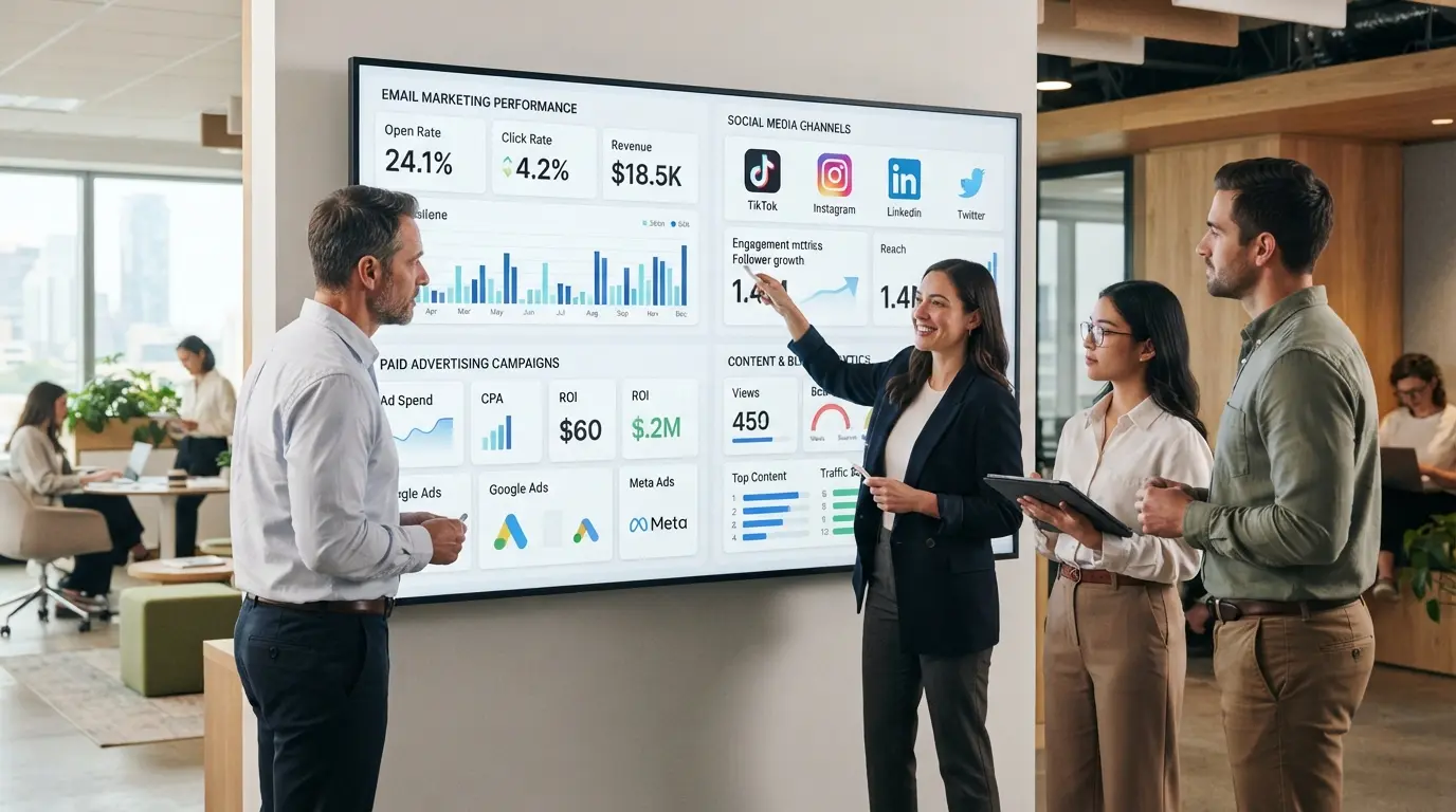 team reviewing separated channel dashboards