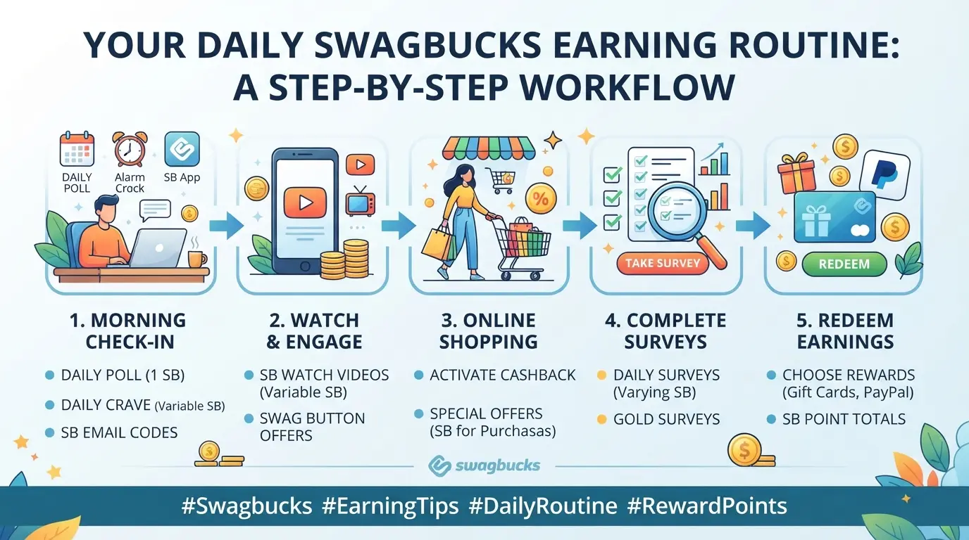 Workflow diagram for daily Swagbucks earning routine