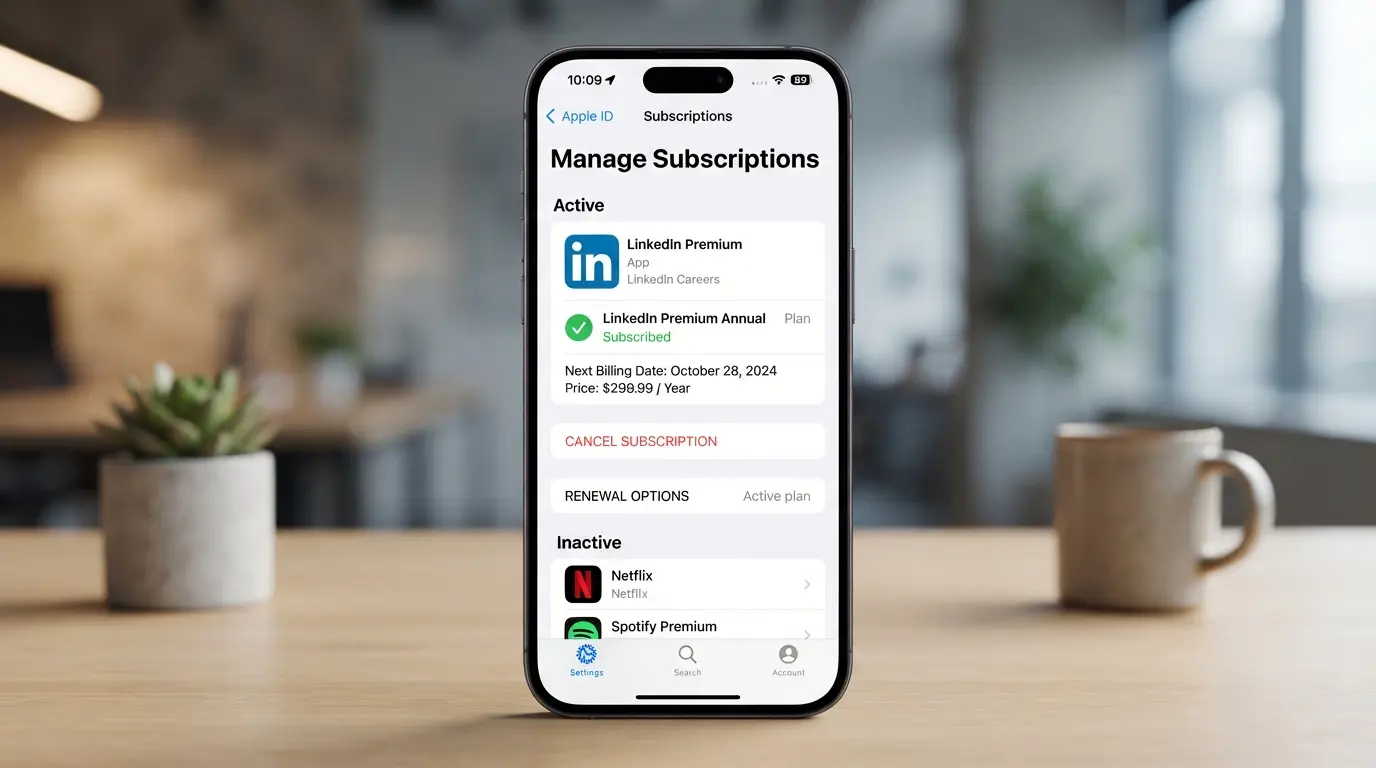 Screenshot of iOS subscription management for LinkedIn Premium