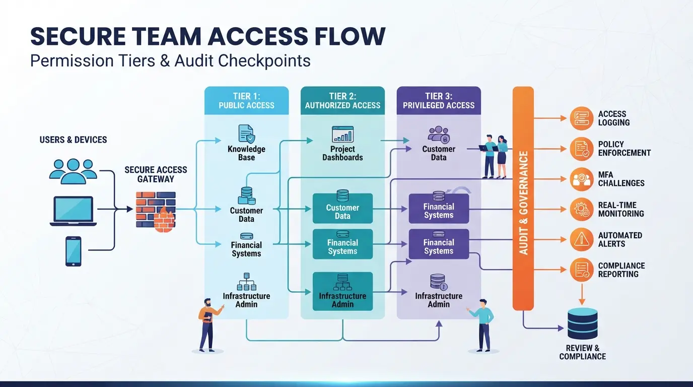 Diagram showing safe team access flow with permission tiers and audit checkpoints