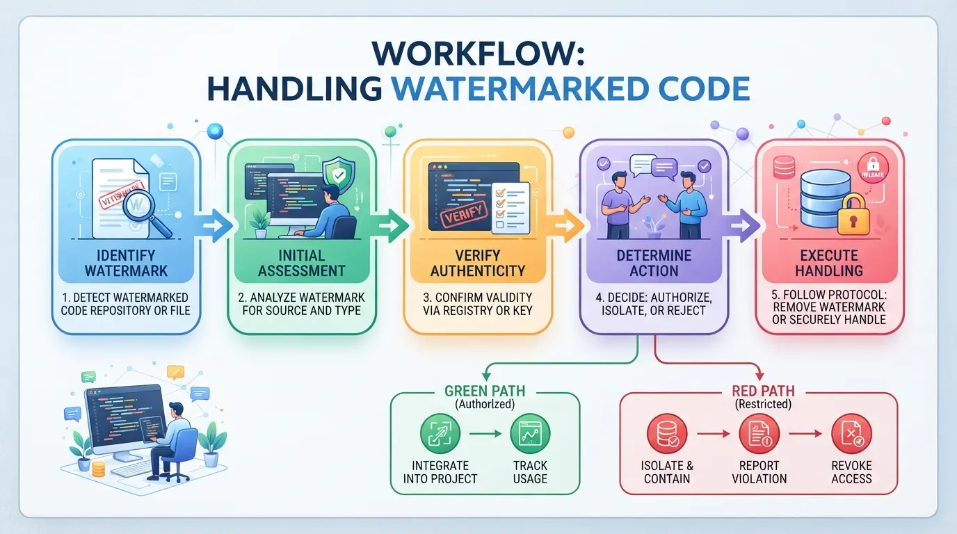 Checklist or workflow diagram for reviewing and handling watermarked code