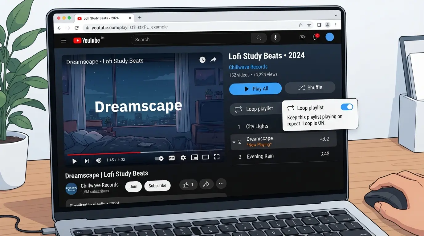 Screenshot of YouTube playlist loop option