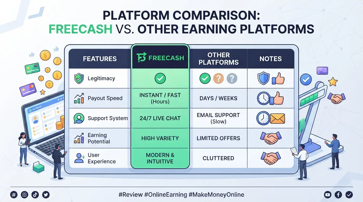 Comparison table: Freecash vs. other earning platforms on legitimacy, payout, and support