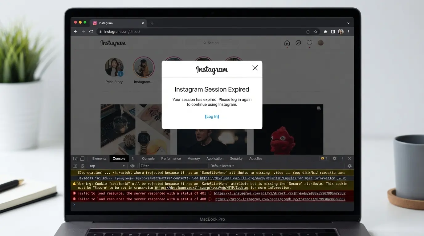 Screenshot of a typical Instagram session expired error and browser console log with Set-Cookie warning
