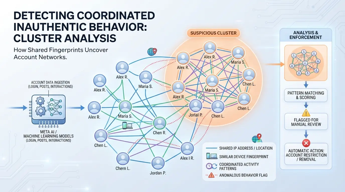 Diagram showing how Facebook flags clusters of accounts with shared fingerprints