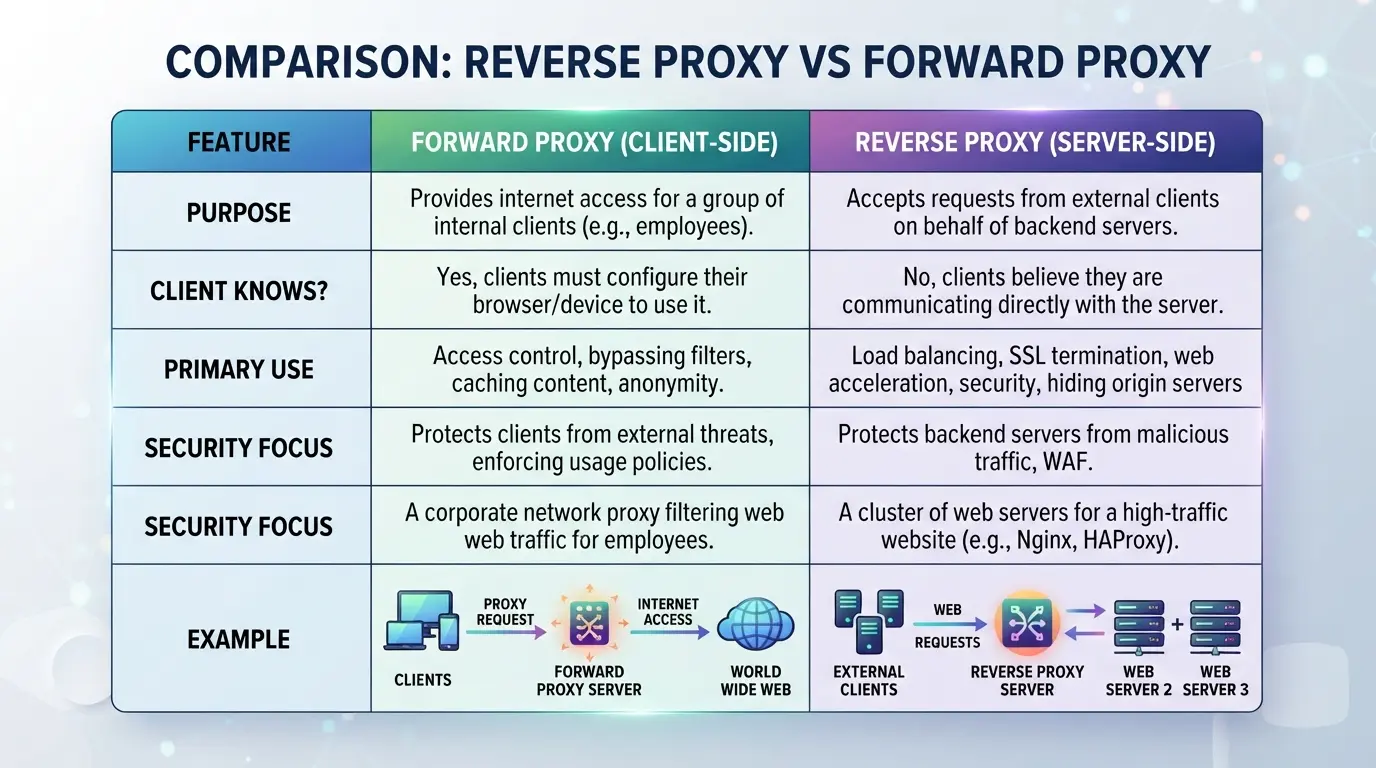 Table comparing reverse and forward proxies