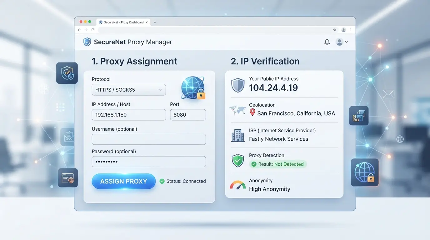 Screenshot of proxy assignment and IP check