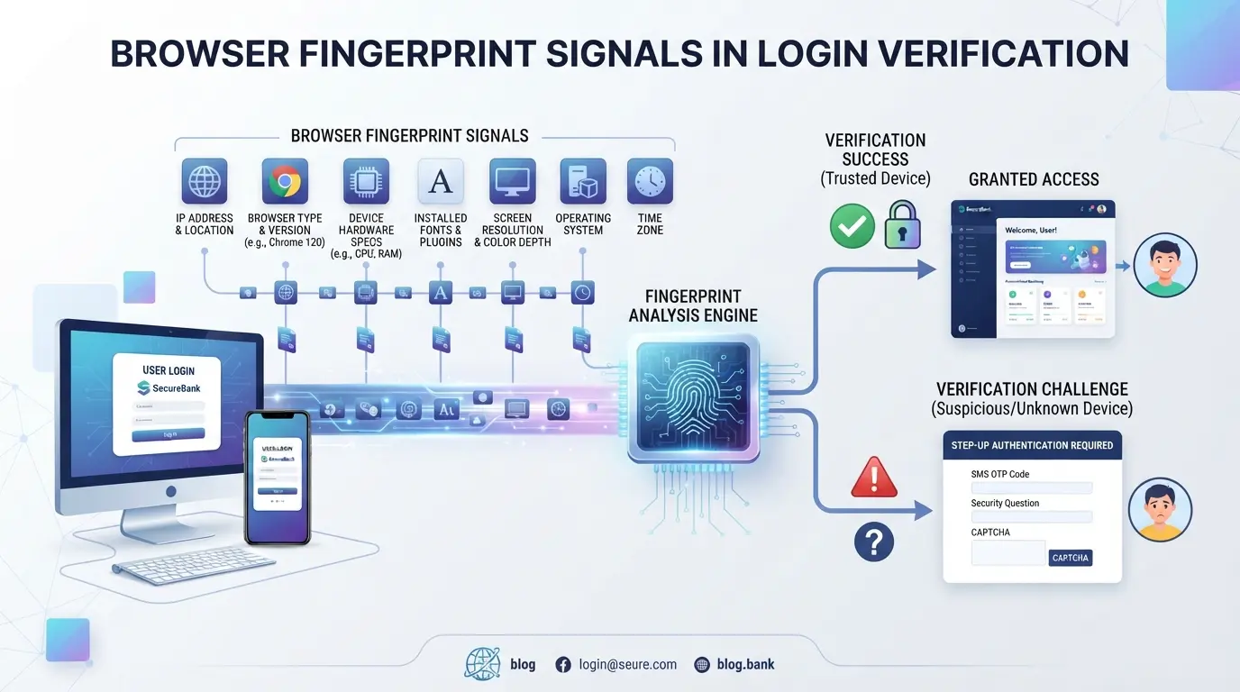 Illustration of browser fingerprint signals and their impact on login verification