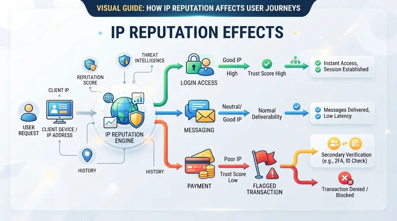 Visual flowchart showing IP reputation effects on login, messaging, and payment steps