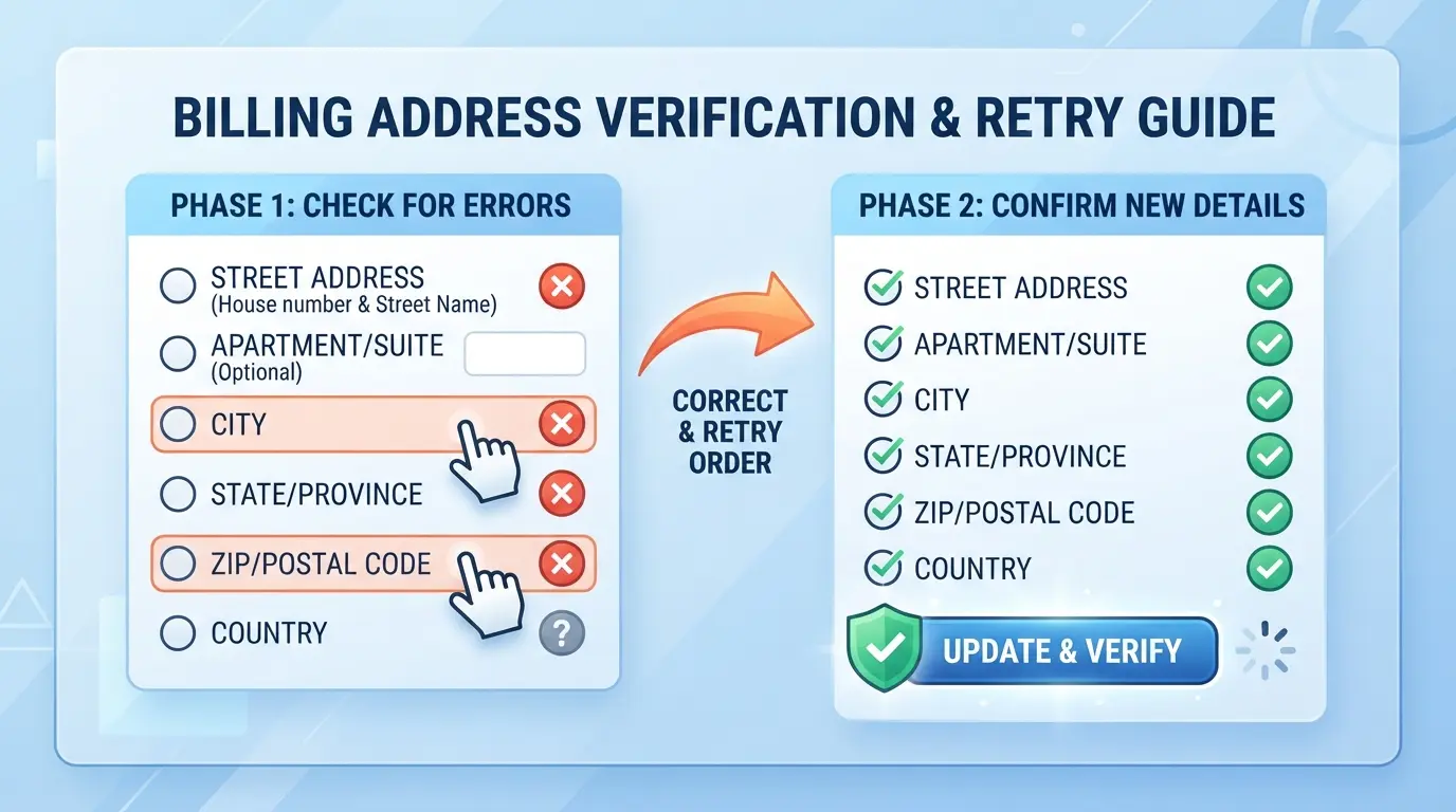 A simple checklist graphic showing billing address fields to verify and the correct retry order after fixing a mismatch.
